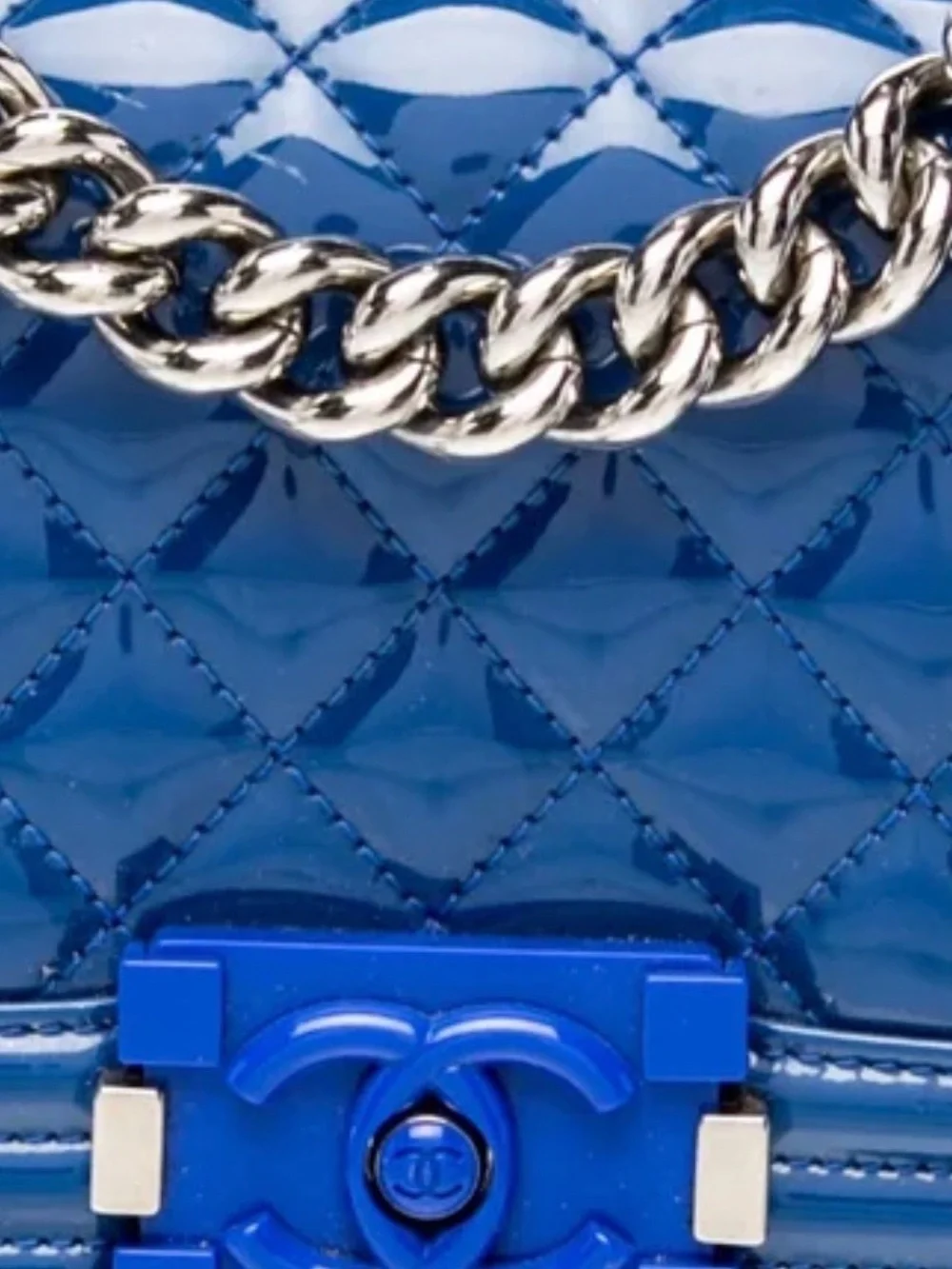 CHANEL 2022 Glossy Patent Quilted Blue Shoulder Bag with Silver Chain